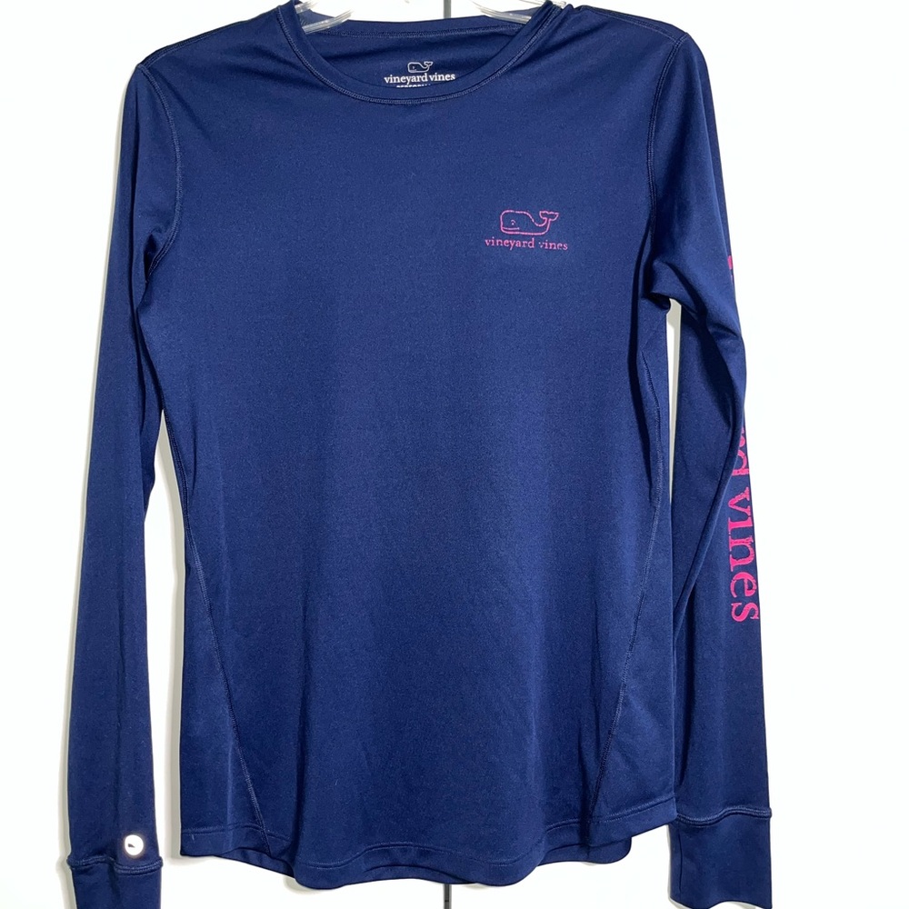 Vineyard Vines Navy Long Sleeve Performance Tee with Pink Logo